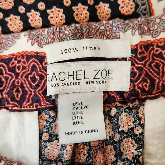 Rachel Zoe Wide Leg Pants Multi-colored Bohemian Tie Waist 100% Linen Size LG - Picture 7 of 8